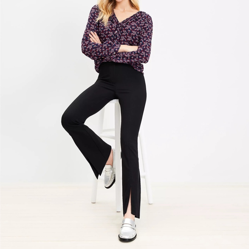Loft Split Hem Flare Pull on Pants in Twill Black